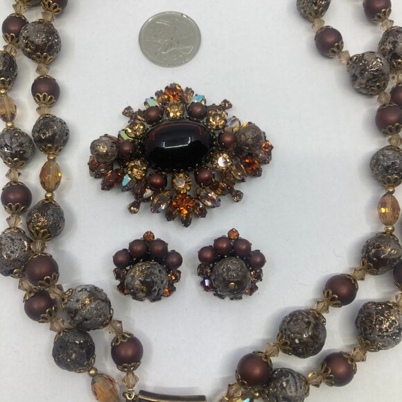 Vtg RARE LeC BOUCHER lava beads crystal earrings brooch necklace set - Picture 4 of 4